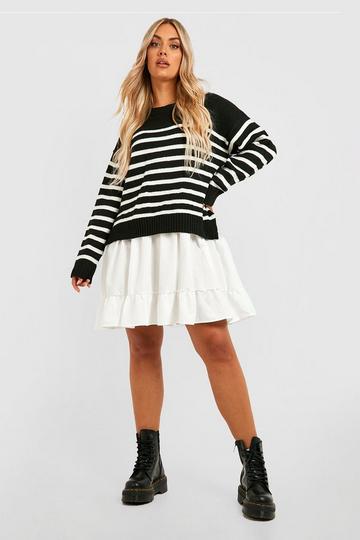 Plus Knitted Stripe Sweater 2 In 1 Shirt Dress black