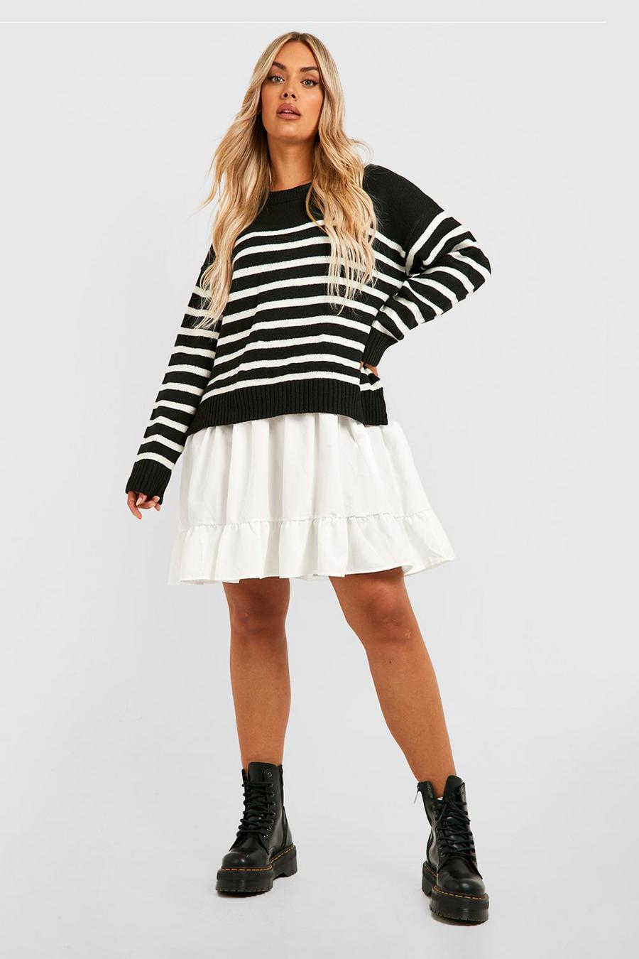 Black Plus Knitted Stripe Jumper 2 In 1 Shirt Dress image number 1
