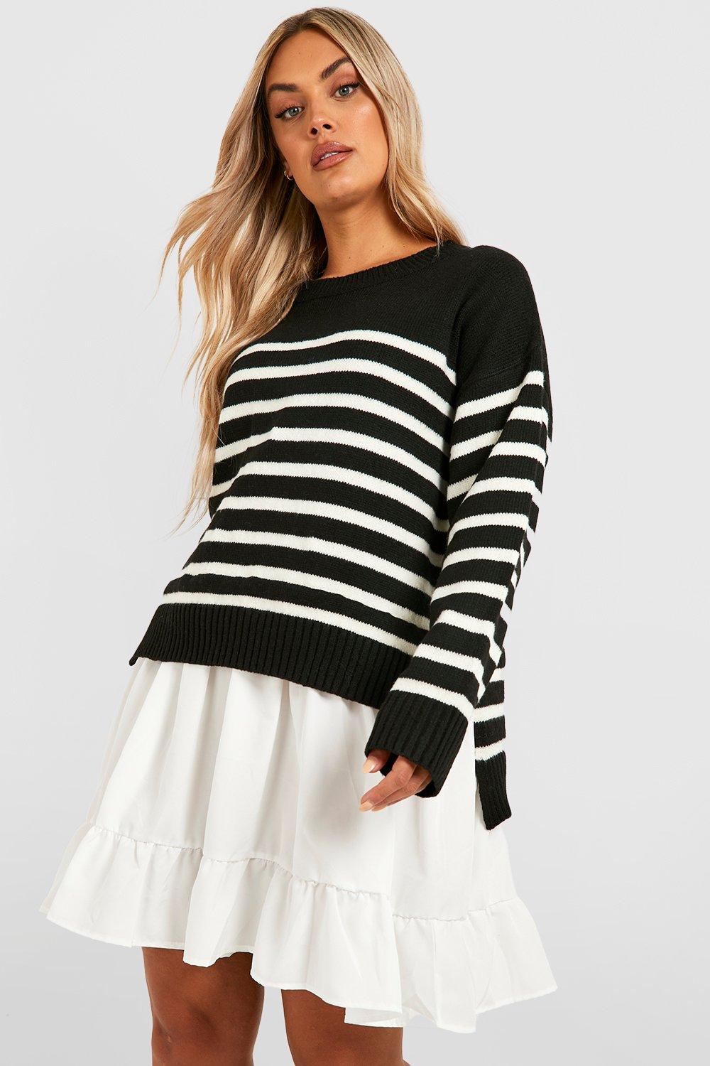 Plus Knitted Stripe Jumper 2 In 1 Shirt Dress