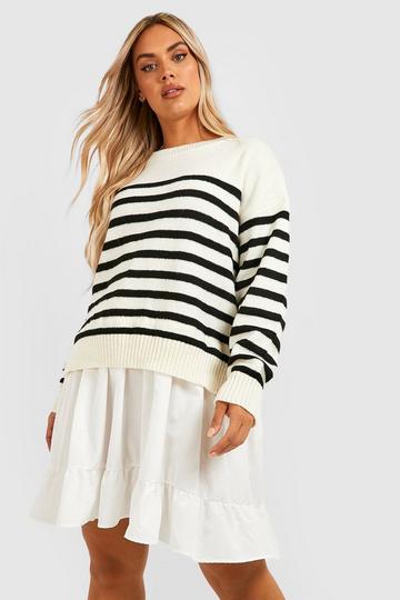 Cream White Plus Knitted Stripe Jumper 2 In 1 Shirt Dress