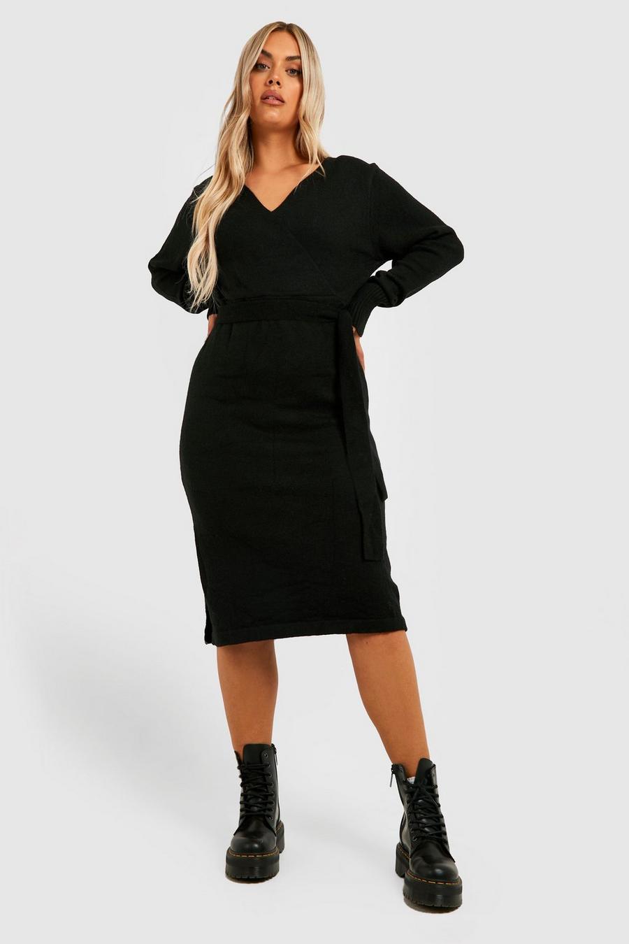 Black Plus Belted Knitted Wrap Midi Dress