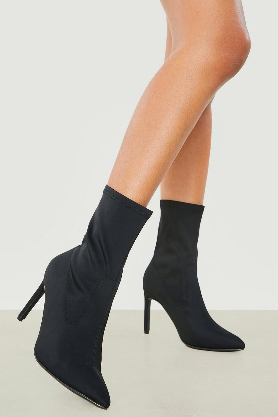 Black Wide Width Stiletto Heel Pointed Toe Sock Boots