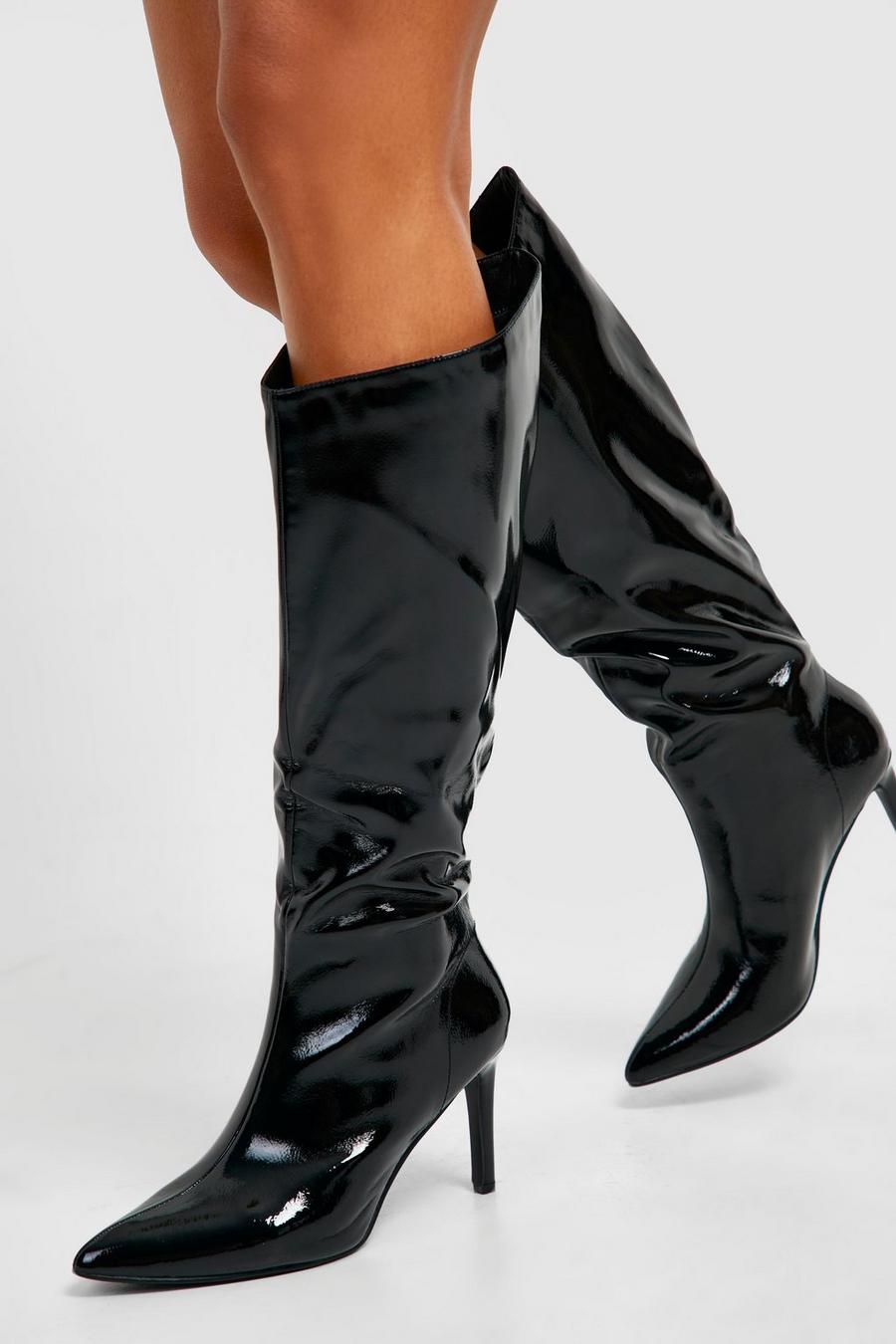 Black noir Asymmetric Pointed Toe Knee High Boots