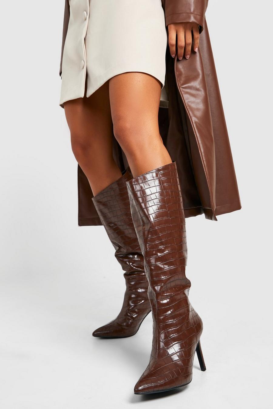 Chocolate Croc Asymmetric Pointed Toe Knee High Boots image number 1