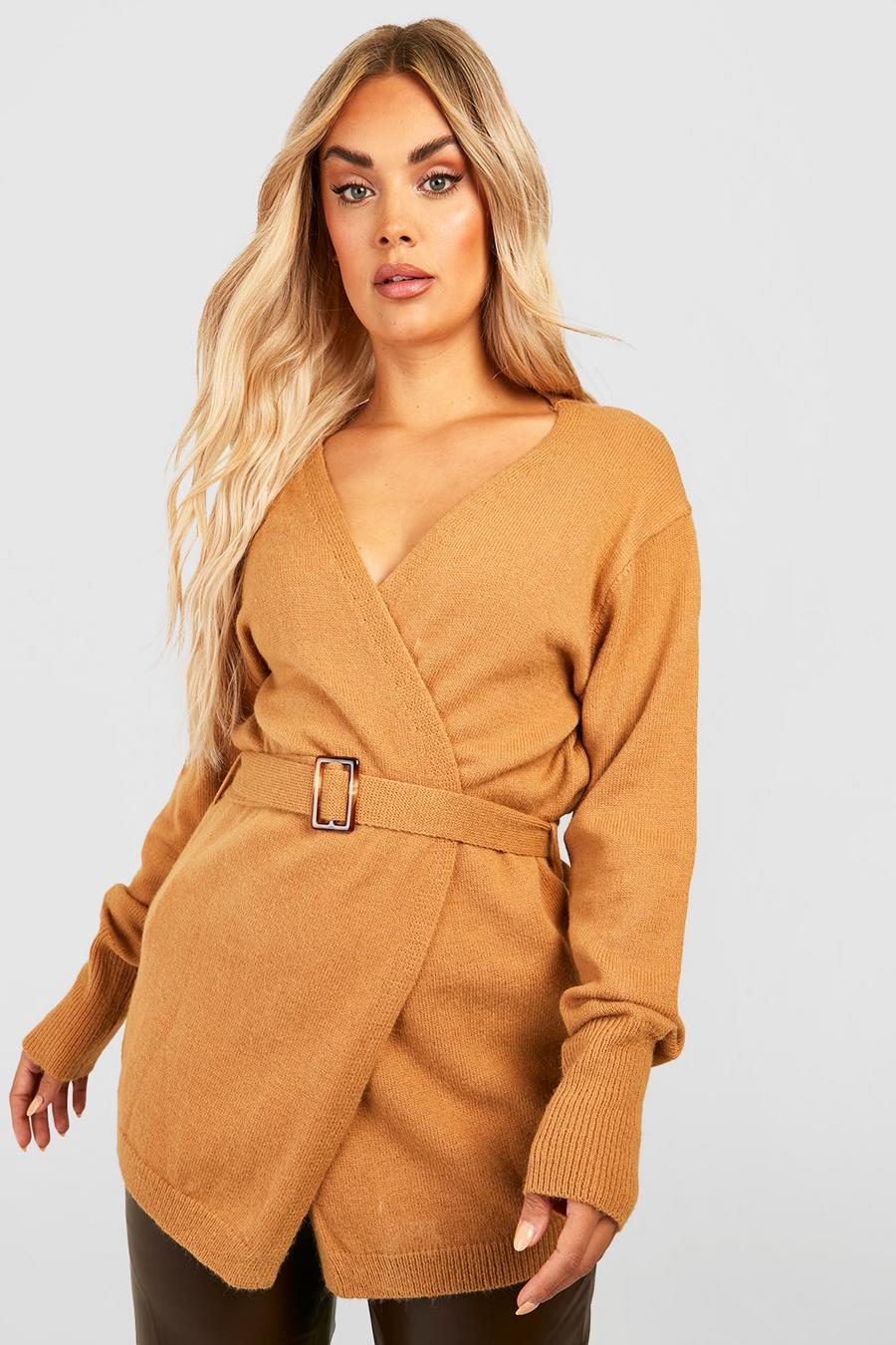 Camel beige Plus Tort Belted Knitted Cardigan