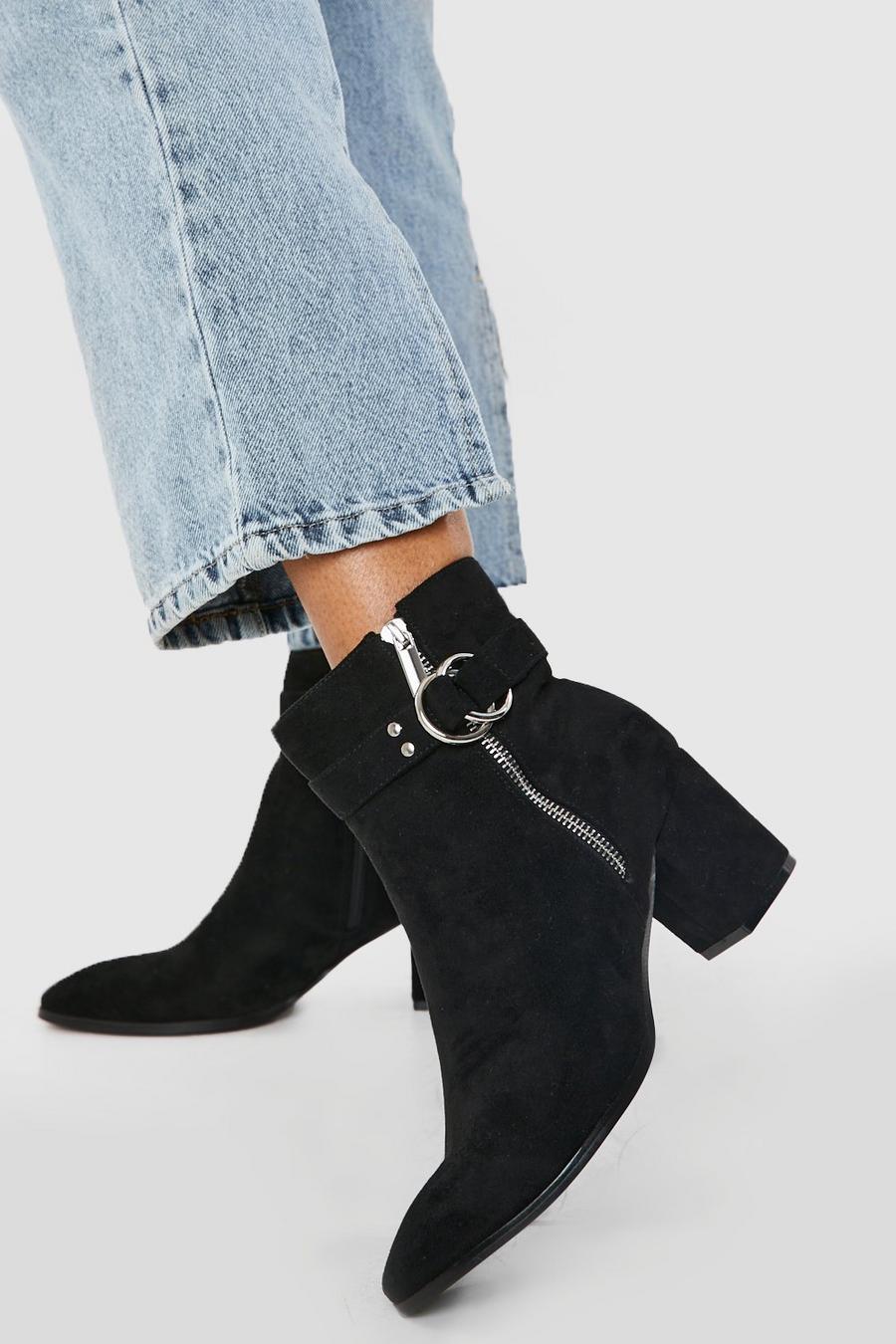 Black noir Buckle Detail Zipped Shoe Boots