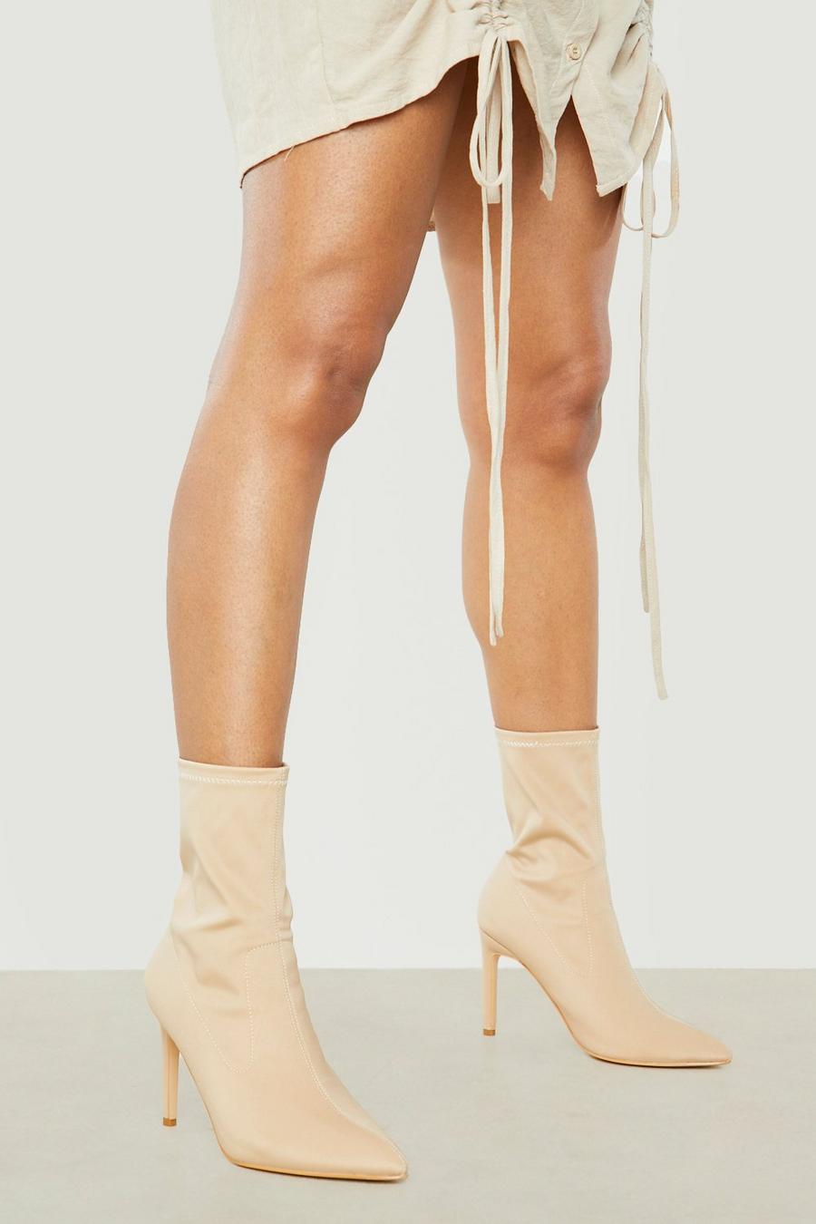 Ecru white Stiletto Heel Pointed Toe Sock Boots image number 1