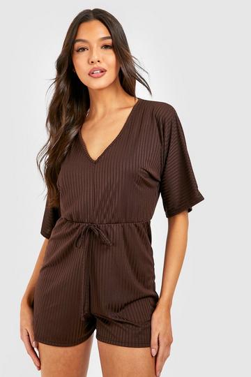 Flared Sleeve Rib Playsuit chocolate