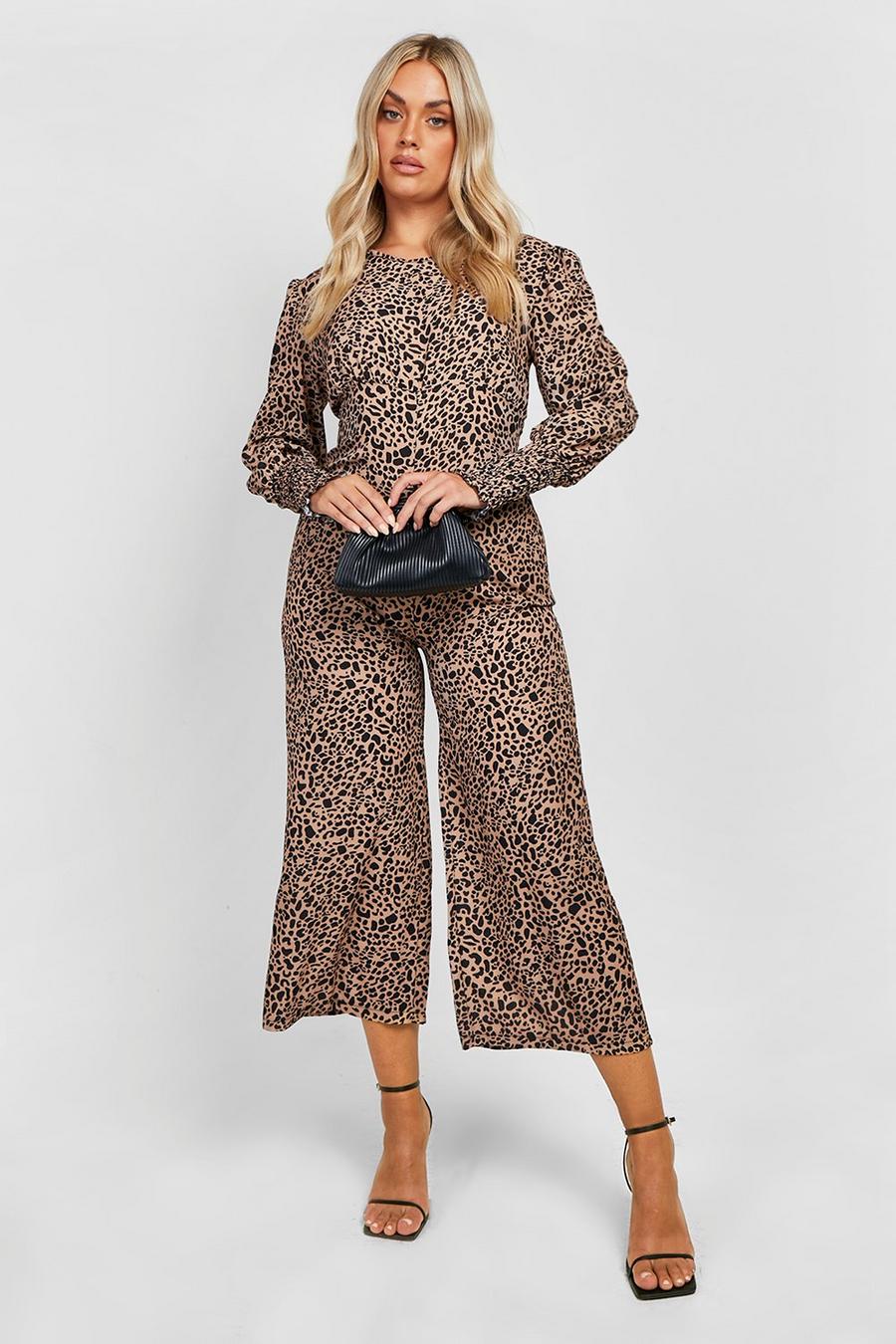 Brown Plus Leopard Long Sleeve Jumpsuit image number 1