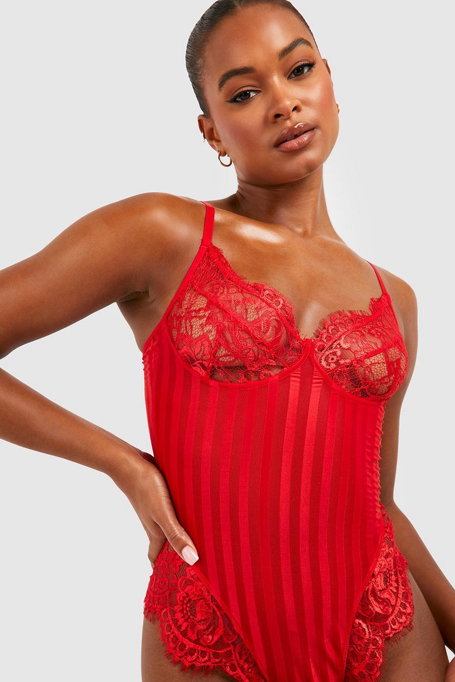 אדום rosso בגד גוף תחרה ובד רשת עם פסים, לנשים גבוהות