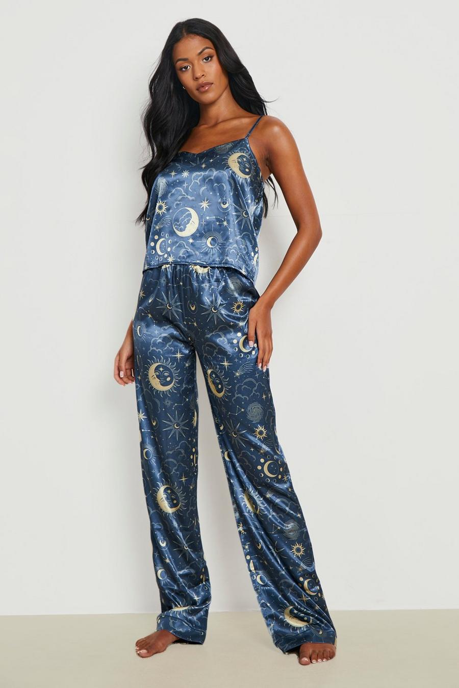 Pijama Tall de pantalón largo y camisola de raso con estampado celestial, Navy image number 1