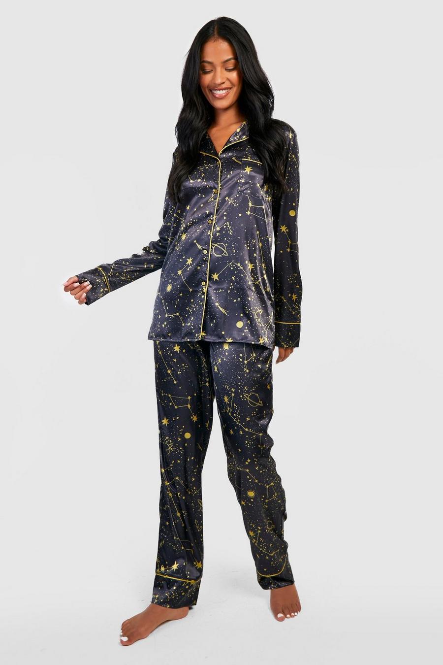 Pyjama satiné à imprimé astrologie avec chemise et pantalon, Black image number 1