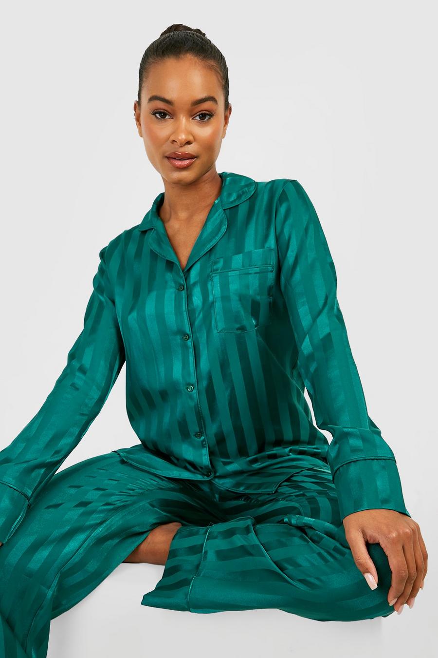 Pijama Tall de raso y jacquard con pantalón largo, Green image number 1