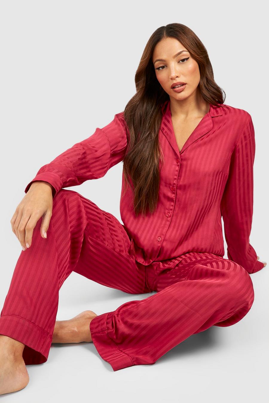 Pijama Tall de raso y jacquard con pantalón largo, Wine image number 1