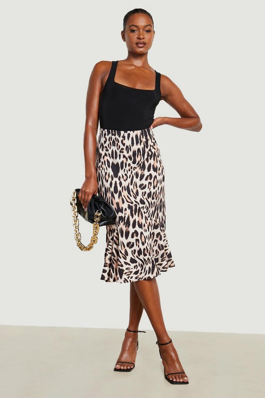 Falda Tall midi de tela con estampado de leopardo, Animal image number 1