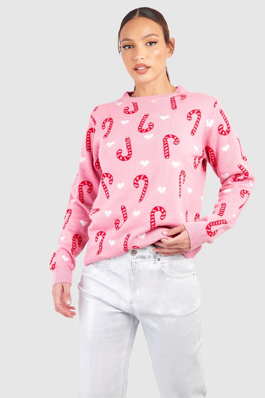 Tall Weihnachtspullover mit Candy Cane Print, Pink image number 1