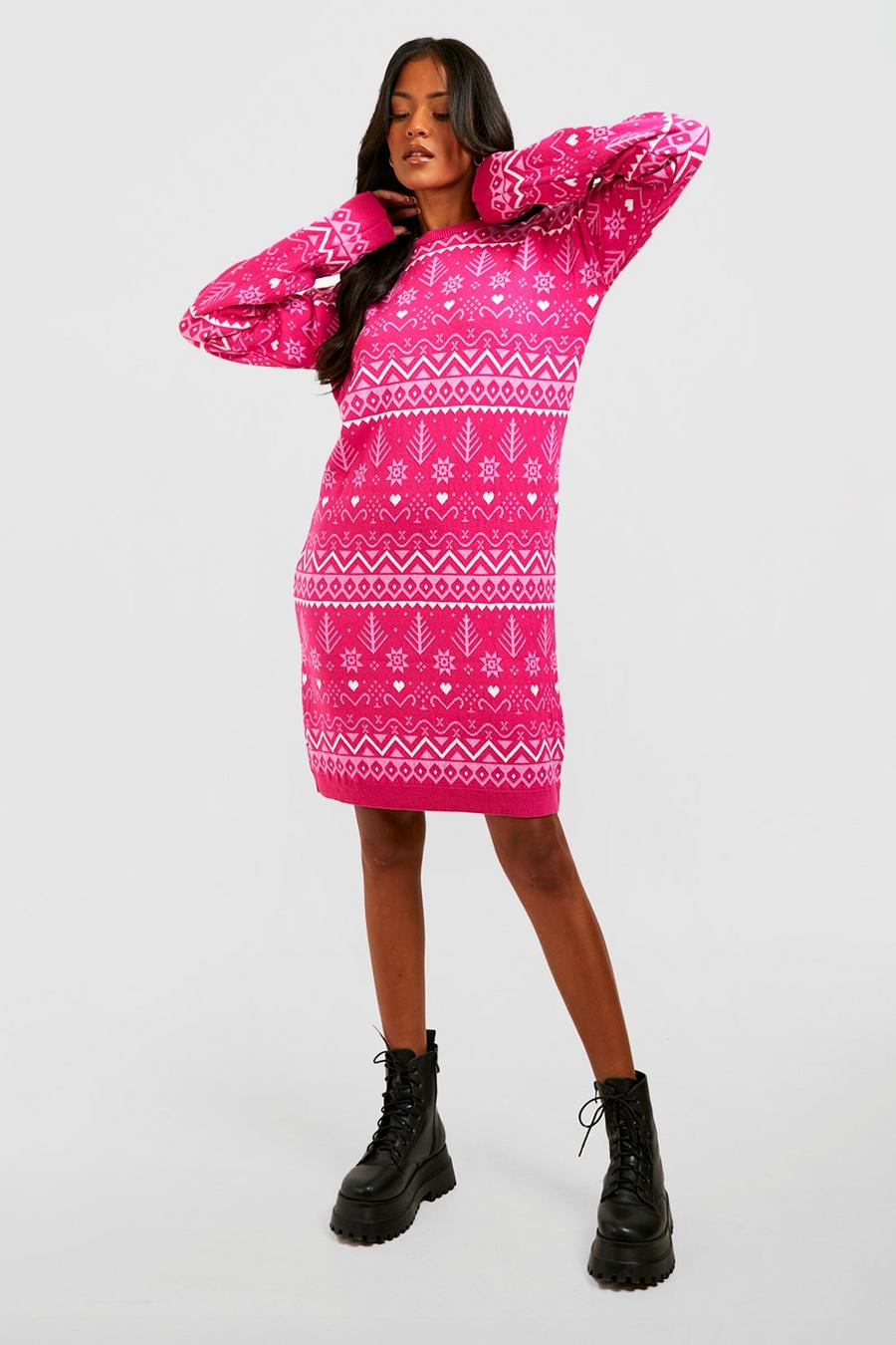 Pink Tall Fairisle Christmas Jumper Dress image number 1