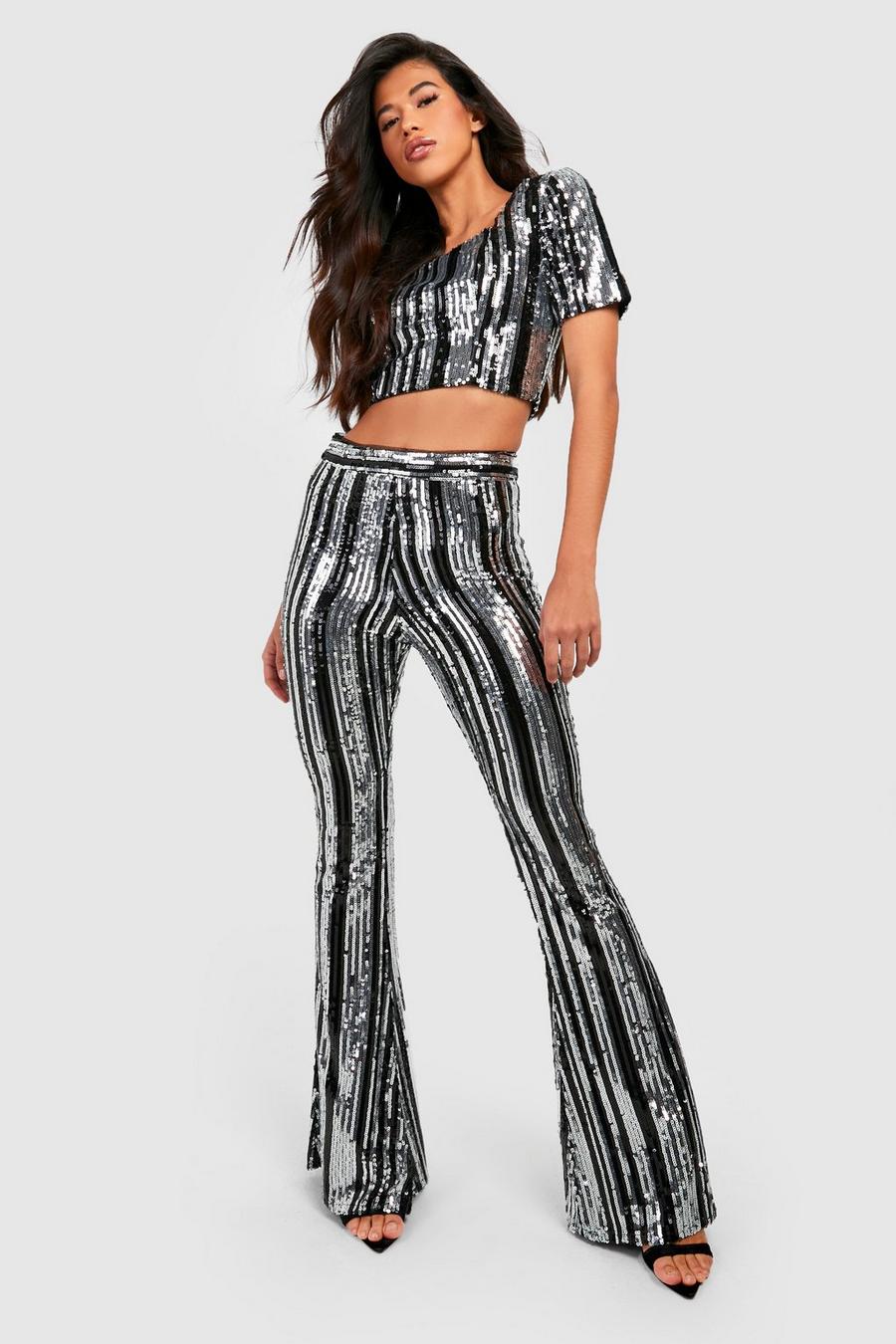 Black Tall Stripe Sequin Flare Trousers image number 1