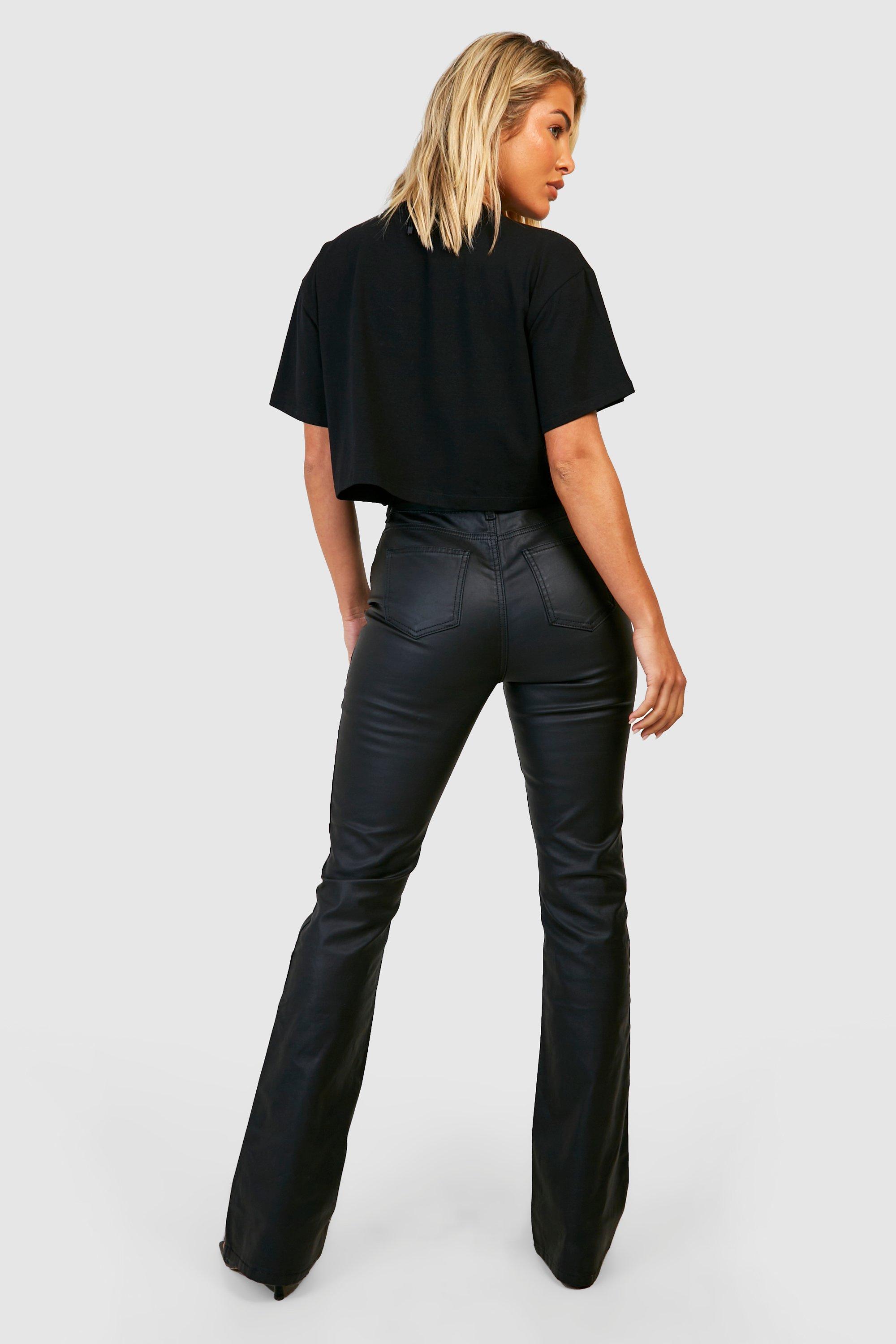 Black coated long flared pants for Women