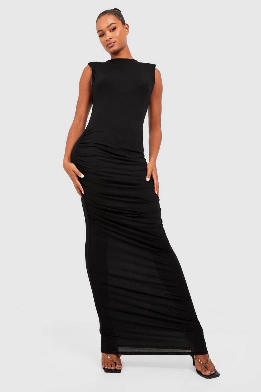 Black Tall Shoulderpad Ruched Side Maxi Dress image number 1