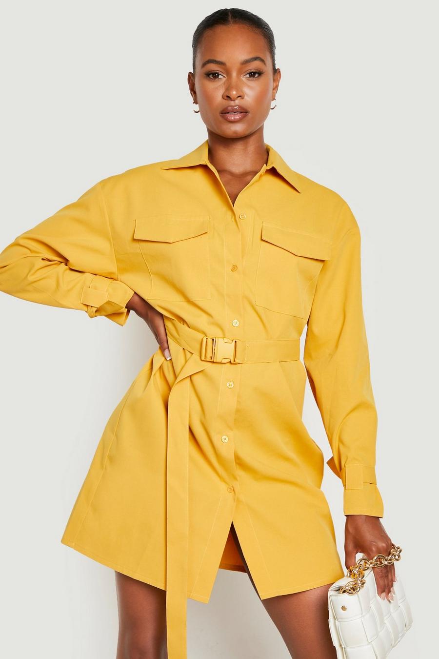 Mustard Tall Cargo Utility Pocket Belted Shirt Dress image number 1