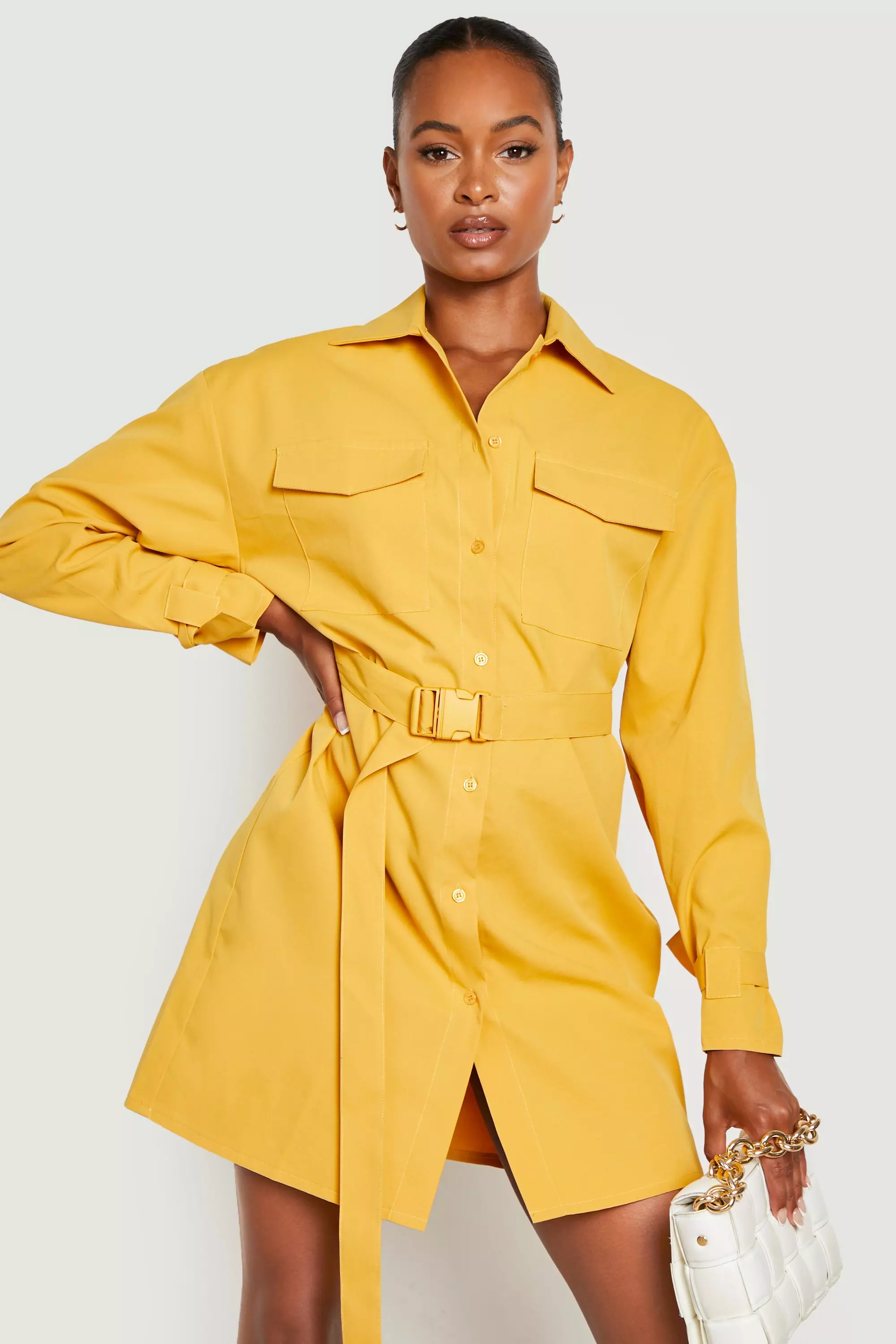 Tall Cargo Utility Pocket Belted Shirt Dress