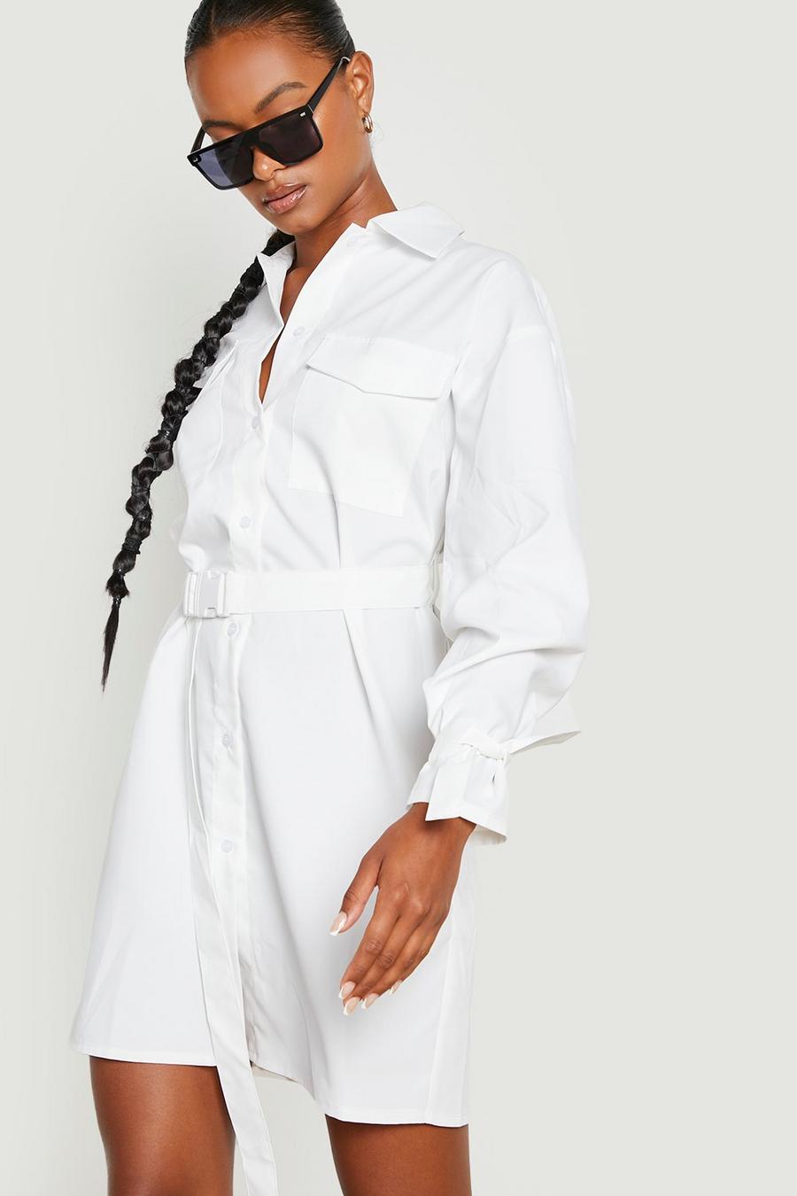 White Tall Cargo Utility Pocket Belted Shirt Dress image number 1