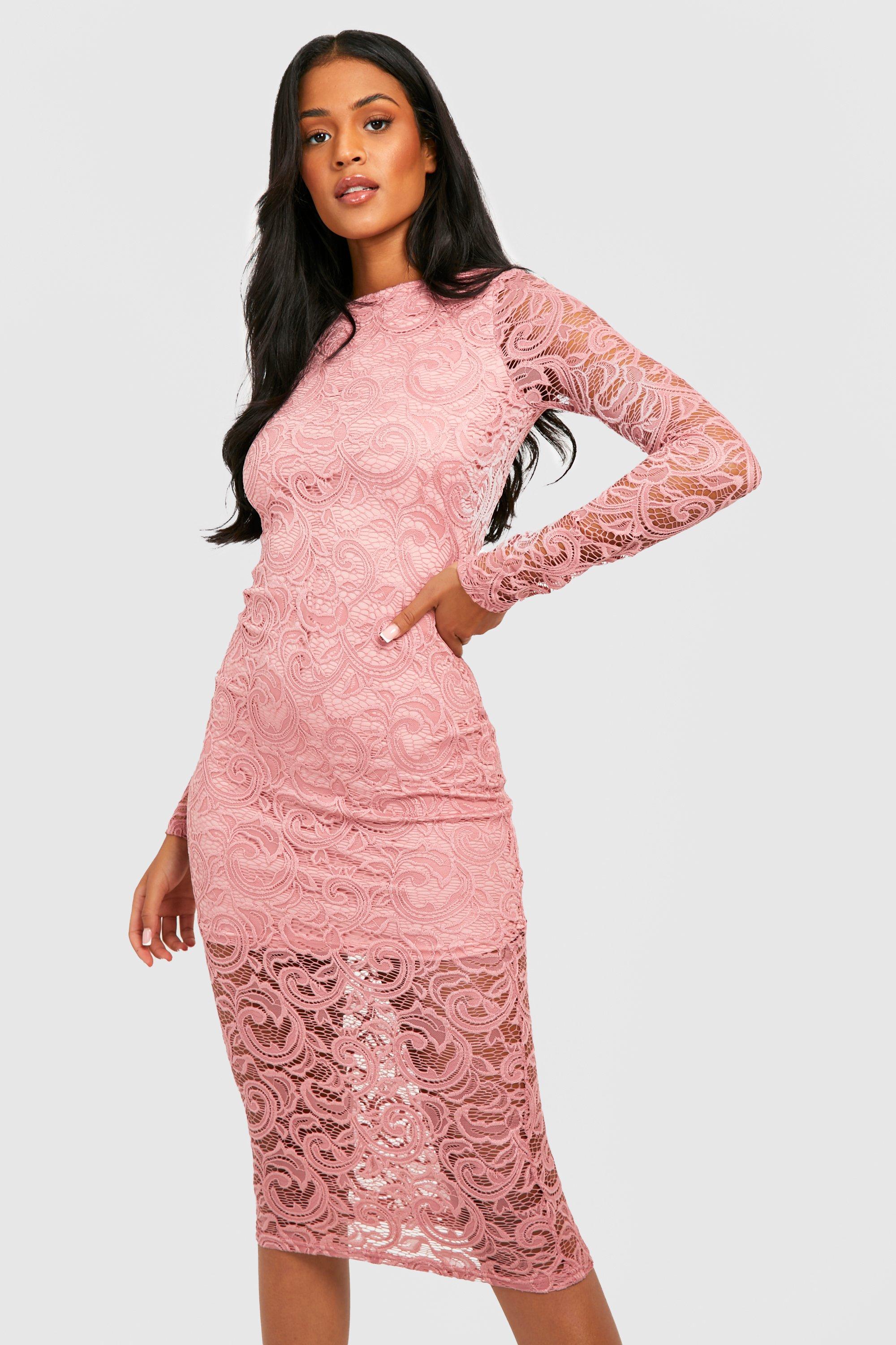 Dusty pink lace detail striped mesh clearance midi dress