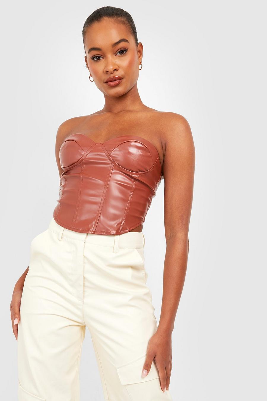 Chocolate Tall Bandeau Cup Detail Pu Corset image number 1