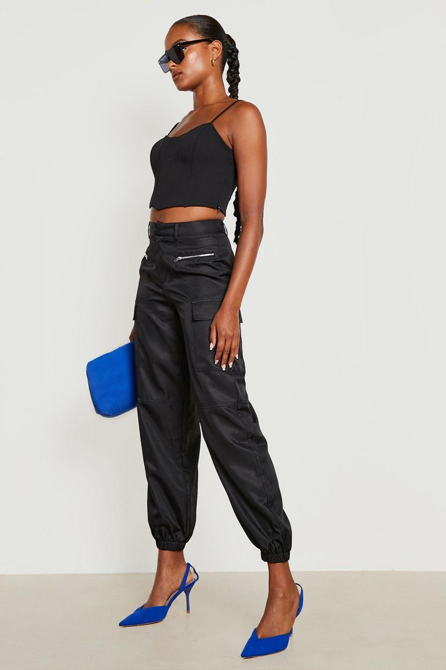 Black Tall Cuffed Hem Low Rise Cargo Pants image number 1