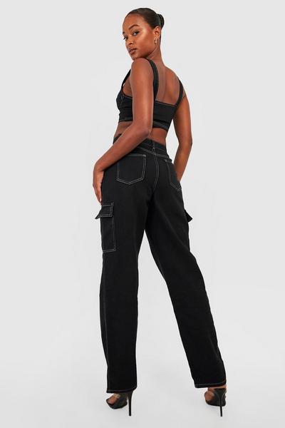 boohoo black Tall Mid Rise Contrast Stitch Cargo Jean