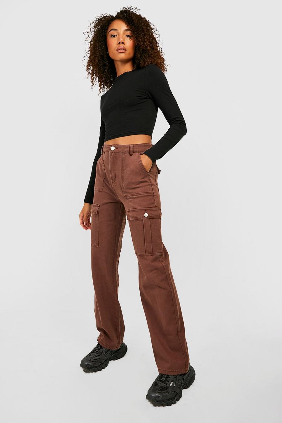 Chocolate brown Tall Cargo Overdyed Mid Rise Boyfriend Jeans image number 1
