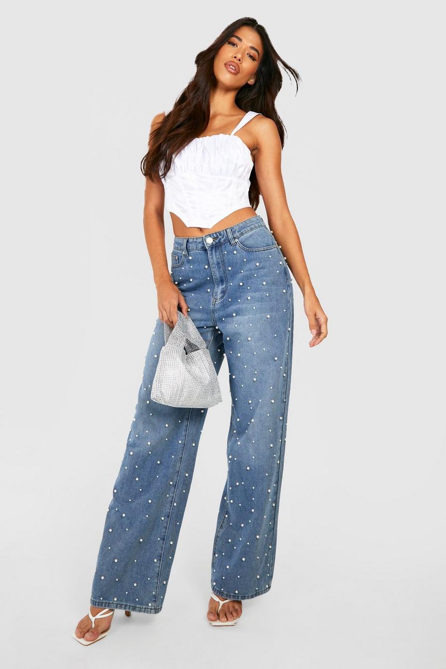 Mid wash blue Tall Pearl Embellished Mid Rise Jeans