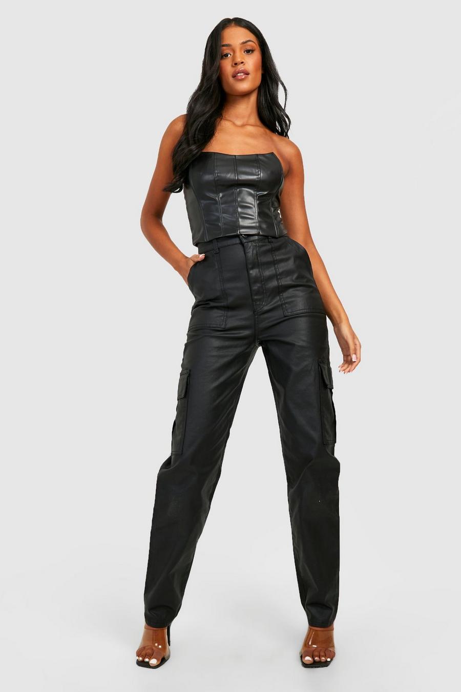 Black Tall Pu Coated Loose Cargo Jeans image number 1