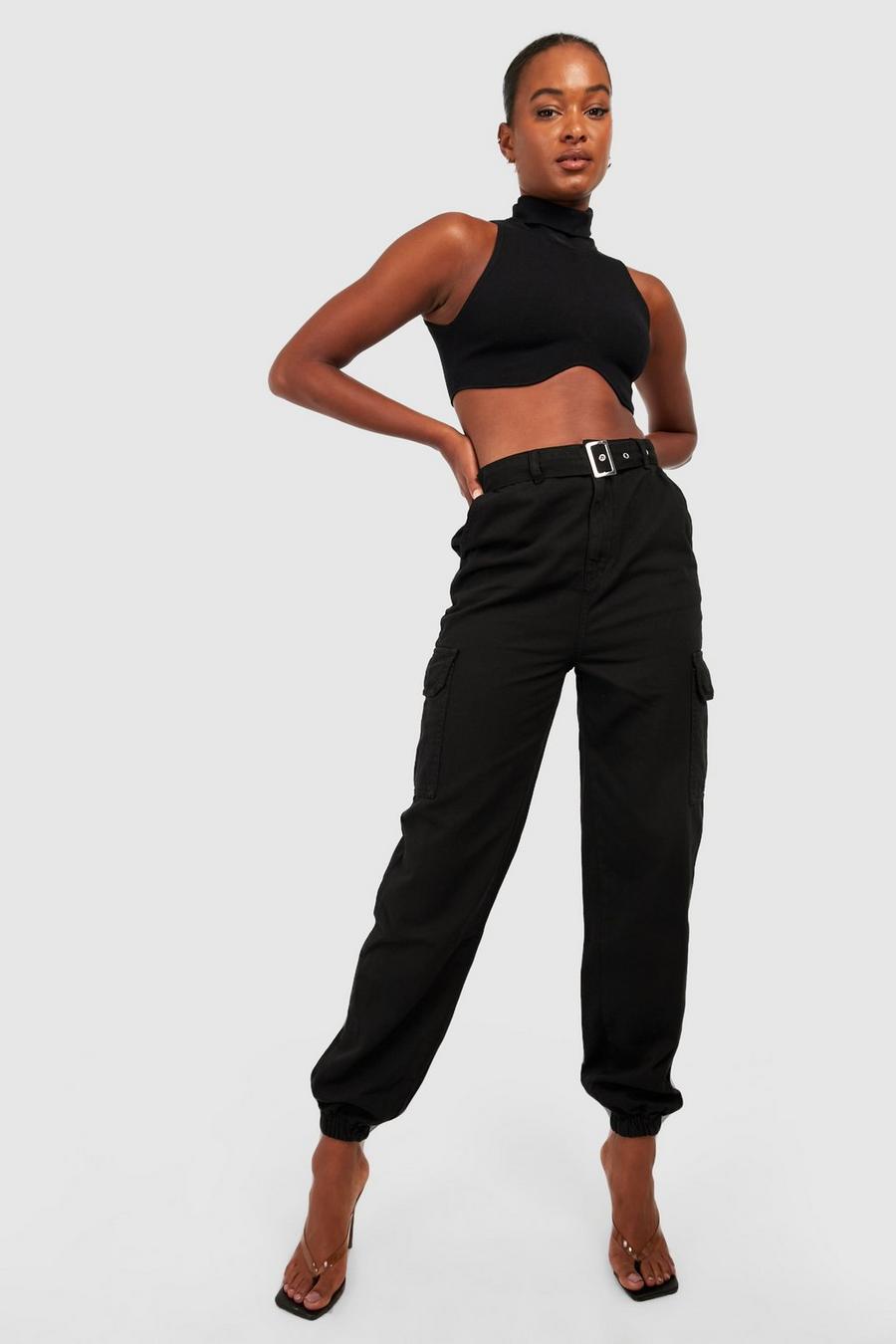 Black Tall Eyelet Belted Cargo Cuffed Track Pants image number 1