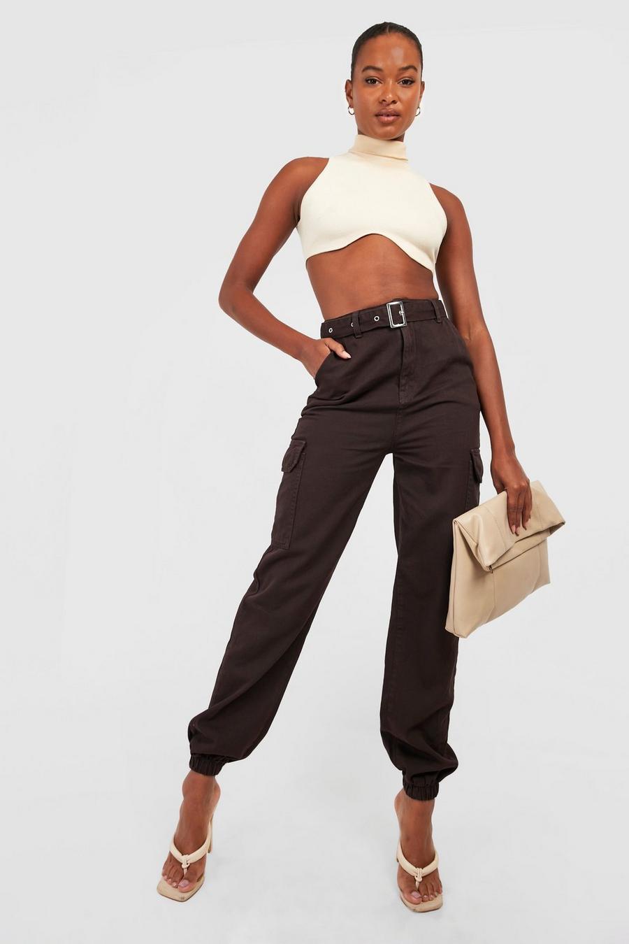 Chocolate brown Tall Eyelet Belted Cargo Cuffed Jogger