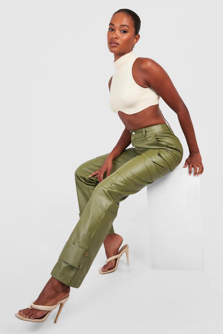 Khaki Tall Cargo Buckle Detail Pu Trouser image number 1