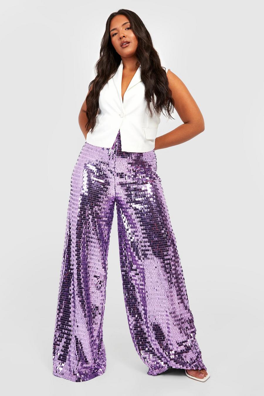 Lilac purple Plus Sequin Wide Leg Floor Sweeping Trousers  image number 1