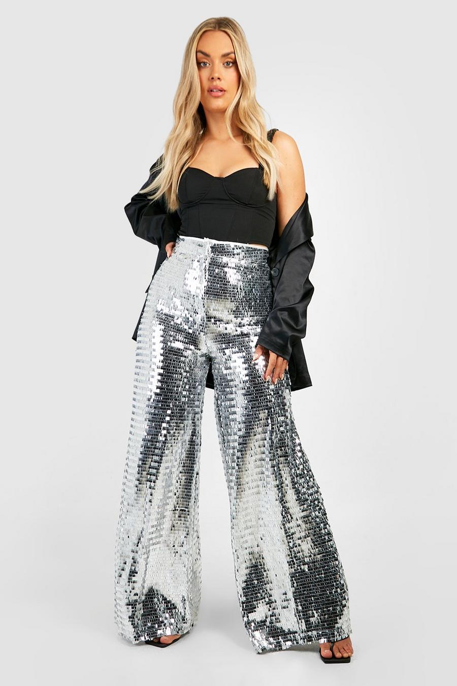 Silver Plus Sequin Wide Leg Floor Sweeping Trousers  image number 1