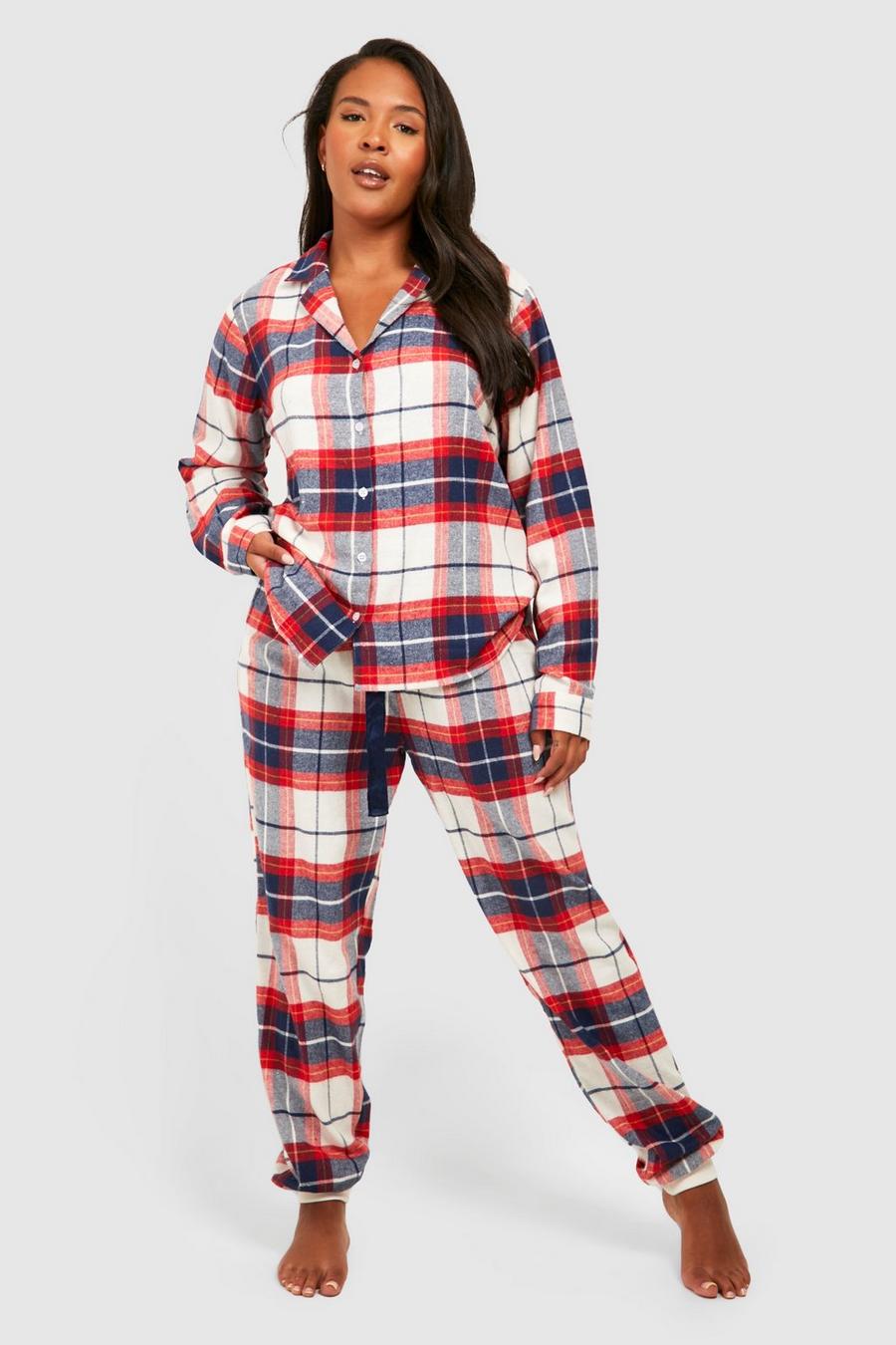 Pijama Plus navideño de franela de pantalón largo con botamanga y camisa de cuadros, Red rosso