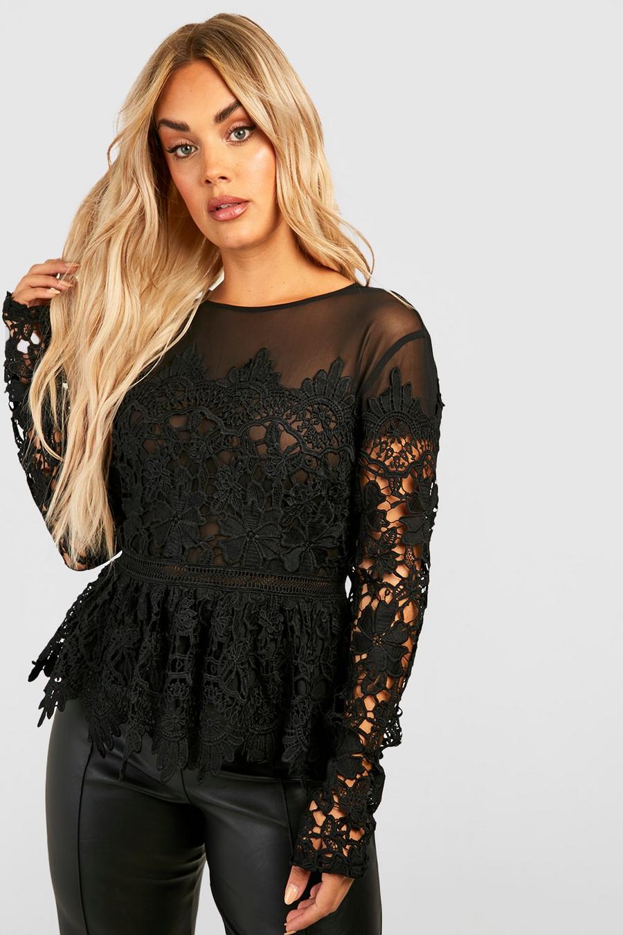 Black Plus Occasion Embroidered Floral Peplum Top image number 1