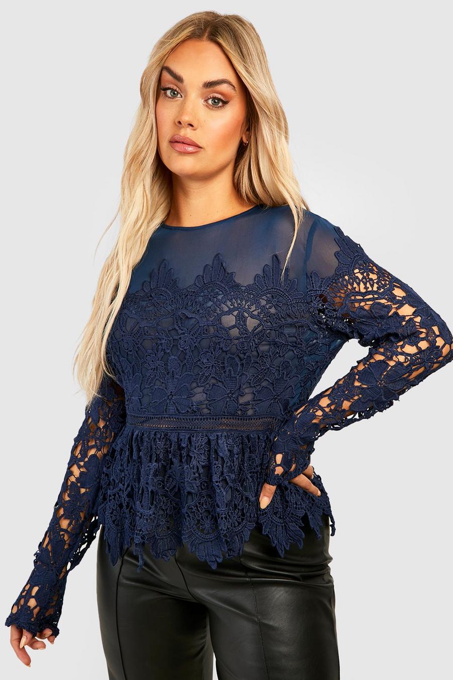 Navy Plus Occasion Embroidered Floral Peplum Top image number 1