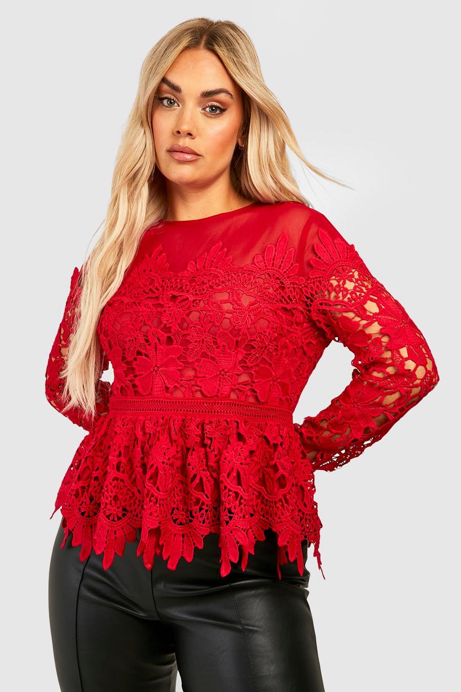 Red Plus Occasion Embroidered Floral Peplum Top image number 1