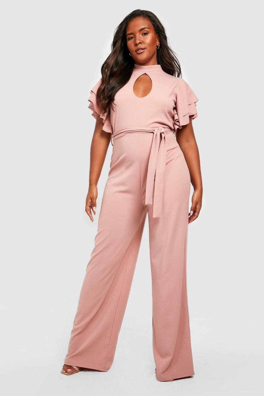 Blush pink Plus Keyhole Angel Ruffle Sleeve Jumpsuit image number 1