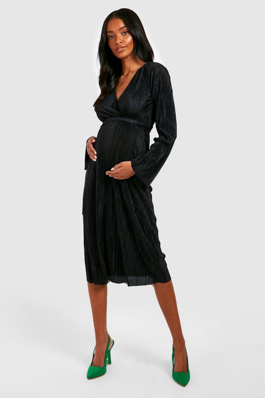 Black Maternity Plisse Wrap Midi Dress image number 1