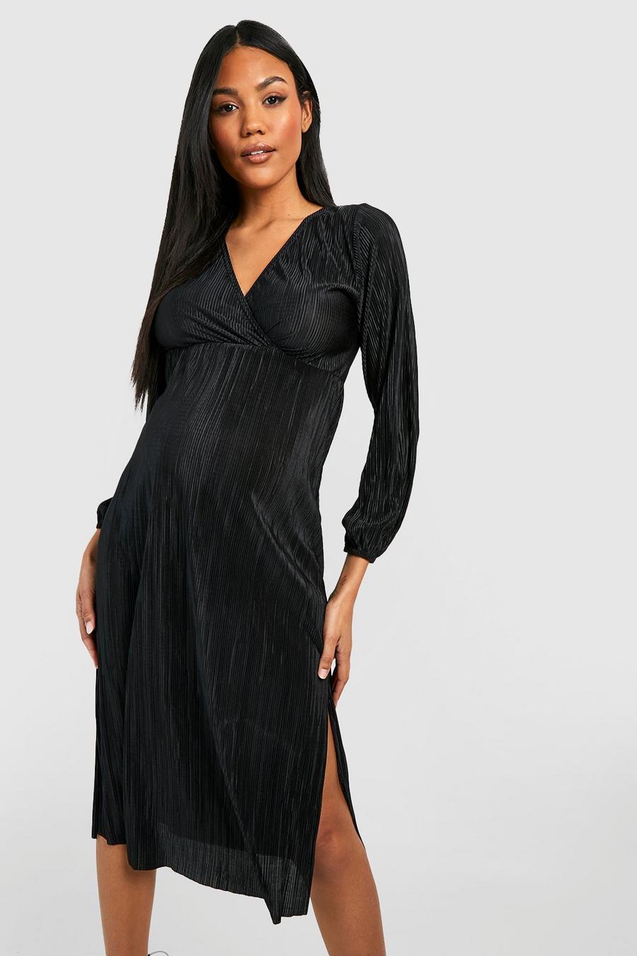 Black Maternity Plisse Tie Front Midi Dress