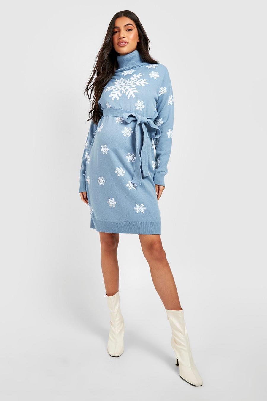 Blue Maternity Snowflake Christmas Sweater Dress