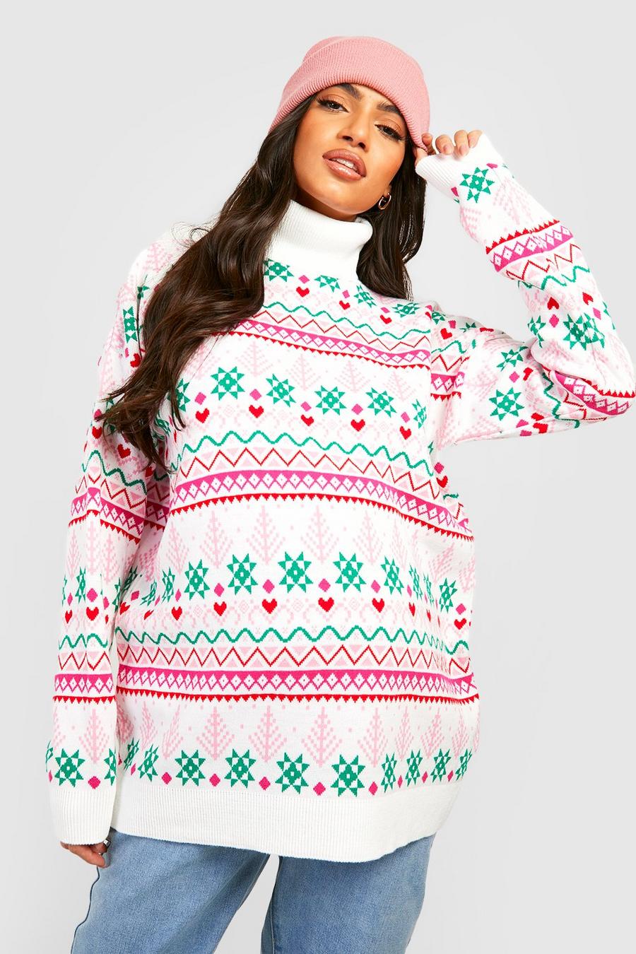 Umstandsmode Weihnachts-Pulloverkleid mit Rollkragen, White blanc