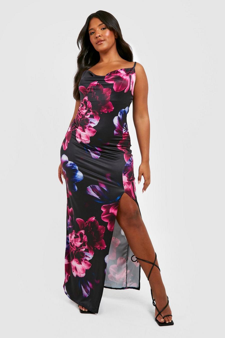 Black Plus Recycled Floral Print Slinky Maxi Dress image number 1