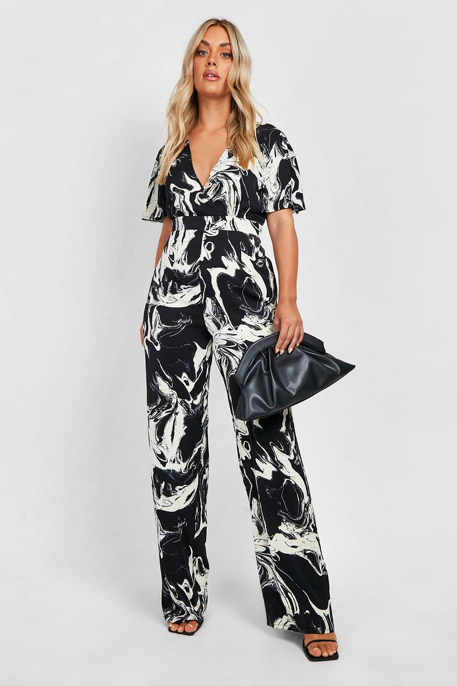 Boohoo Plus Marble Print Woven Angel Wing Jumpsuit in Black Womens Clothing Jumpsuits and rompers Playsuits 